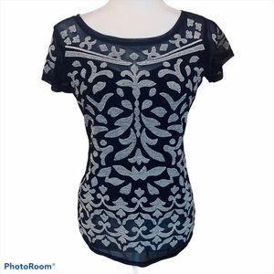 INC International Concepts Black Top with White Embroidery Sz S